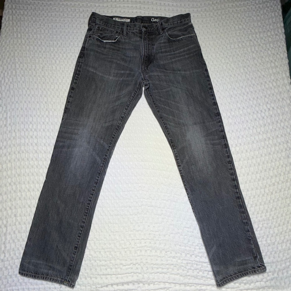 Gap 1969 Mens Straight Leg‎ Jeans Faded Dark Black Gray Denim 33x30 Distressed